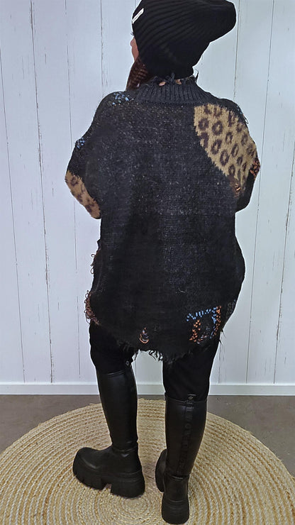 Rikke sort cardigan med leoparddetaljer