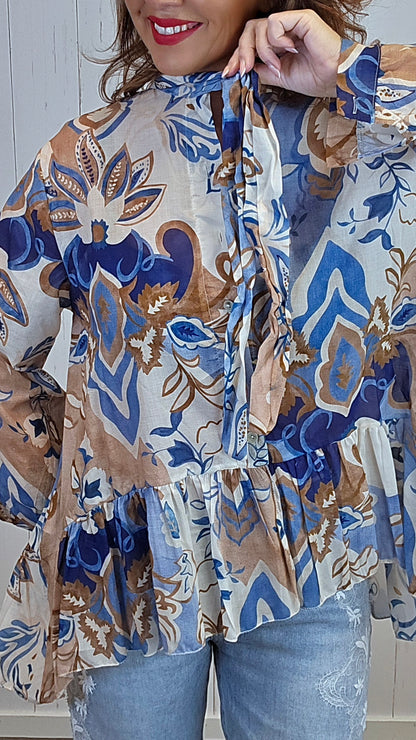 Luna Skjortebluse Blå Brun