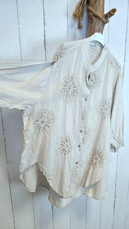 Elise Bomullsskjorte Med Paljettdetaljer Beige